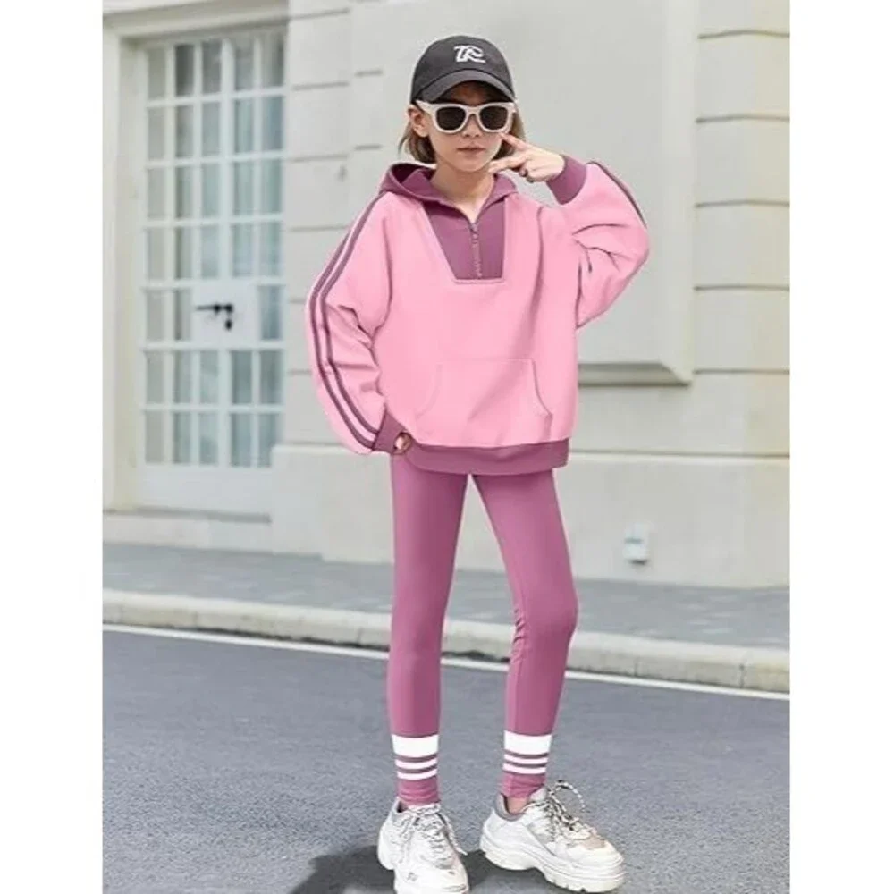 Girl’s 2 Piece Hoodie Sweatshirt Outfits Set 10-12Y 1/4 Zip Print Leggings